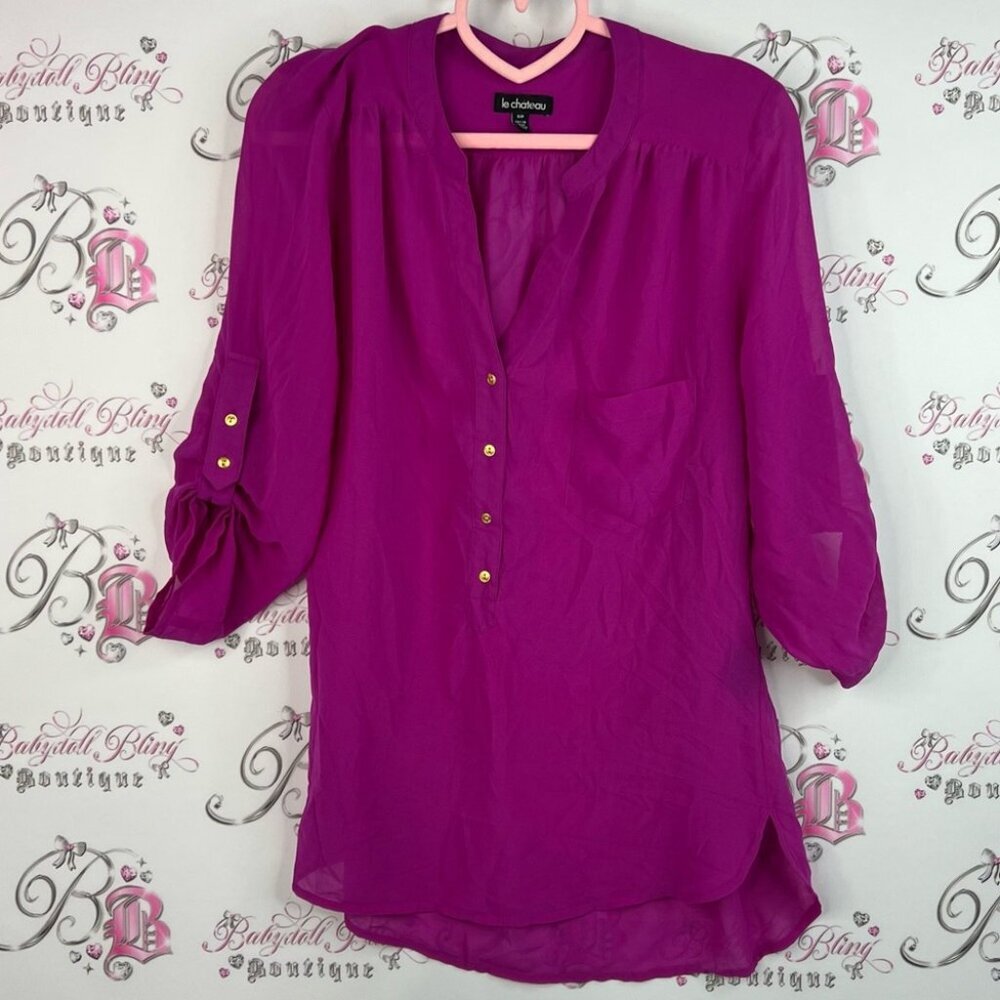 Le Chateau blouse gold buttons bright pink purple Fuchsia Blouse flowy pocket